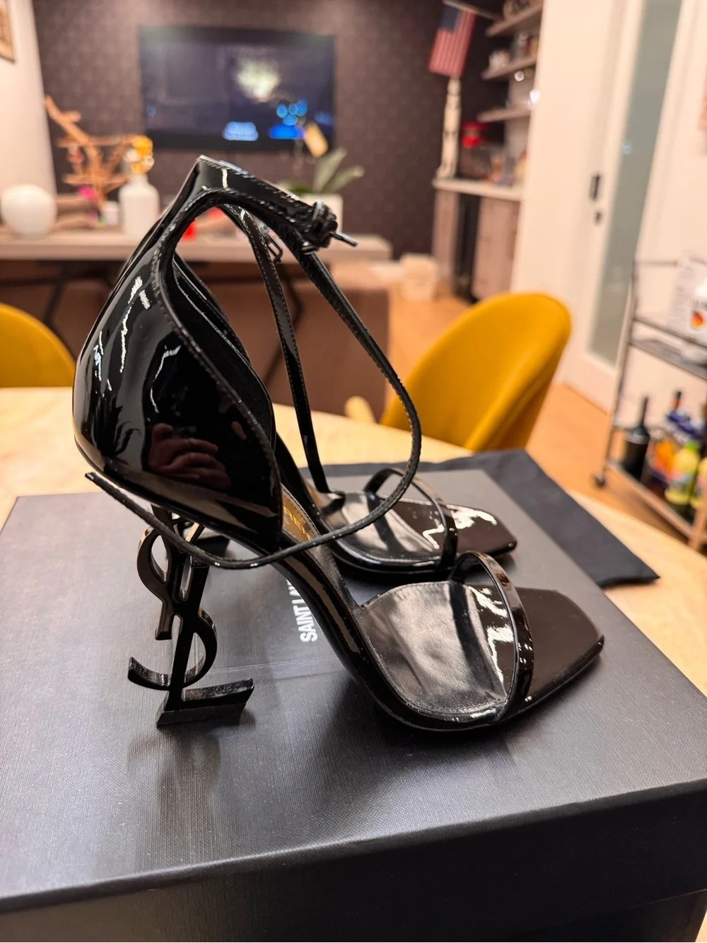 Saint Laurent Black Patent Leather Square-Toe Ankle-Strap Stilettos